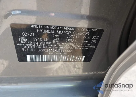 2021 Hyundai Accent Se из США, поврежденный, VIN 3KPC24A6XME141432